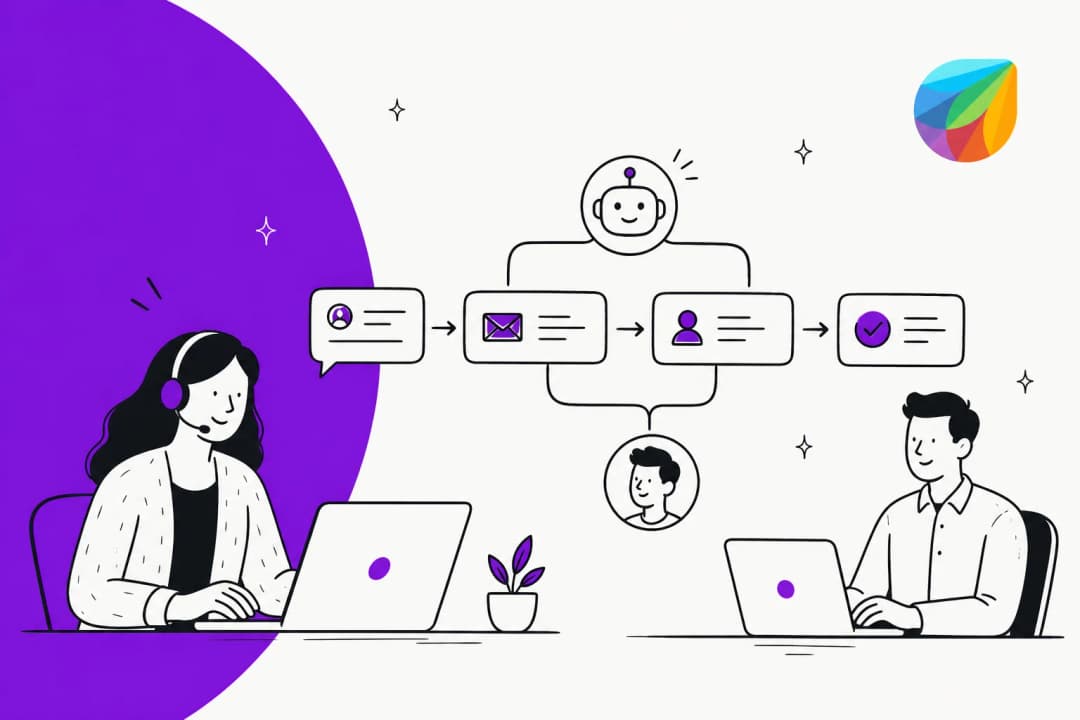 Illustration of a Freshdesk support agent and a colleague working through a ticket routing flow, with an AI agent icon above