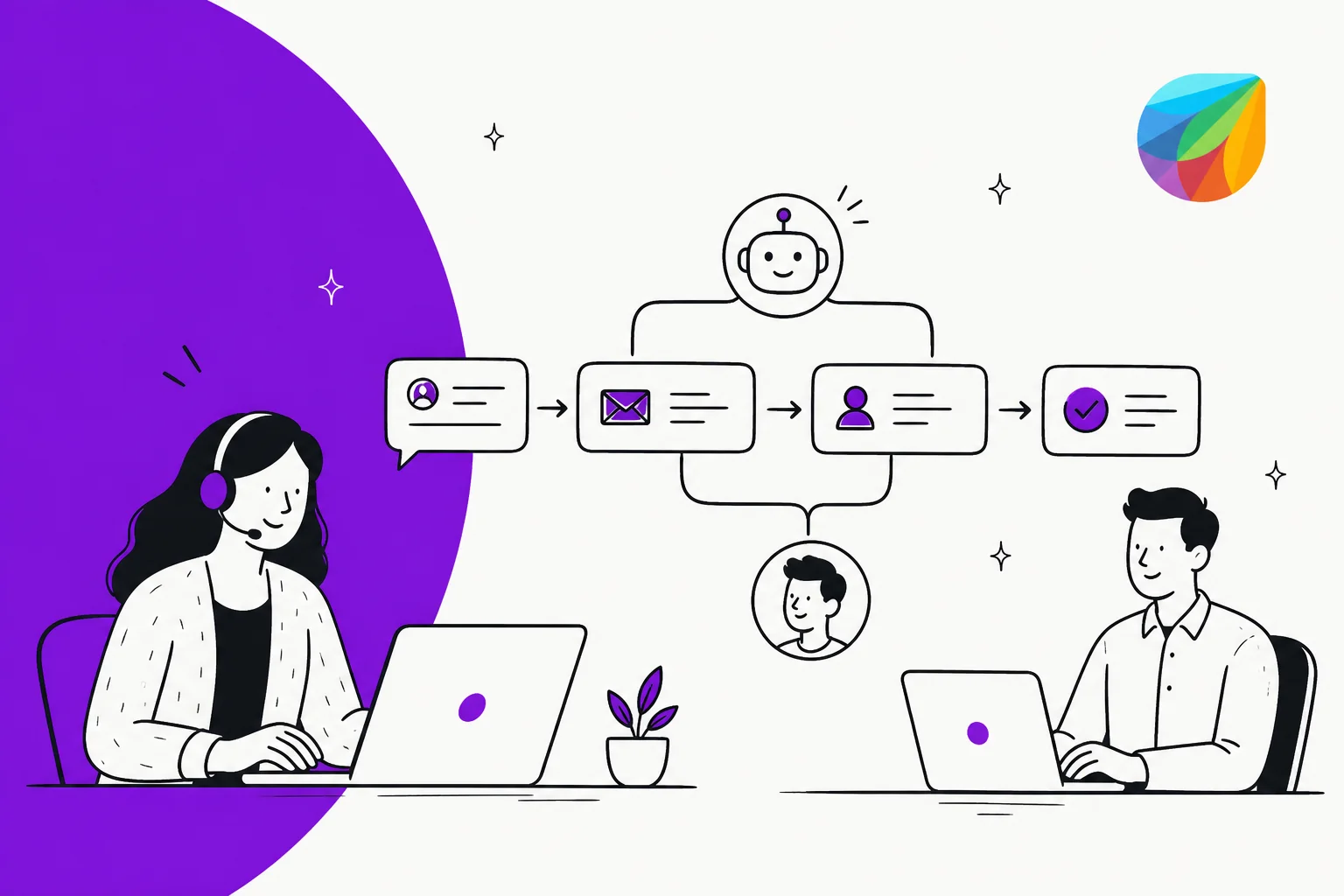 Illustration of a Freshdesk support agent and a colleague working through a ticket routing flow, with an AI agent icon above