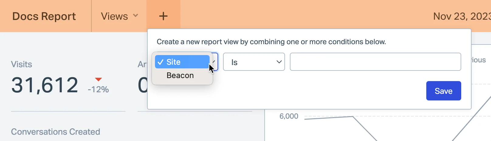 Help Scout Docs report showing 31,612 visits and the report view builder, as taken from Help Scout