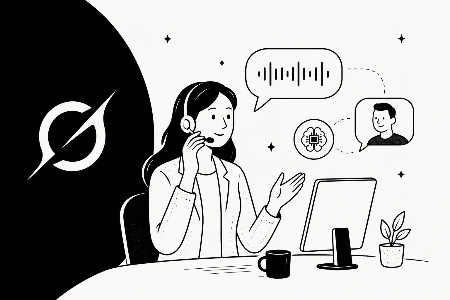 Line illustration of a support agent on a headset next to the Grok logo, with a voice waveform in a speech bubble