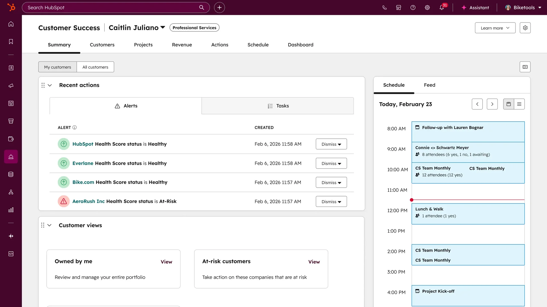HubSpot customer success workspace showing health-score alerts, customer views, and the day's schedule, as taken from HubSpot