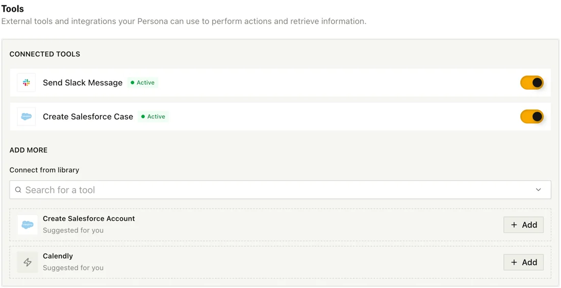 Bland's tools panel showing connected tools for sending a Slack message and creating a Salesforce case, with Calendly suggested from the library, as taken from Bland's docs