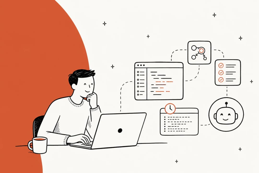 Illustration of a developer at a laptop watching an agentic coding loop run through code, checks and a bot