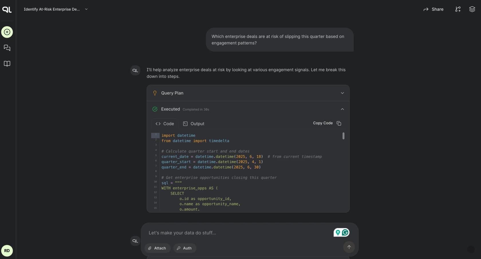 A PromptQL query plan executing Python and SQL against connected data, with each step visible, as taken from PromptQL