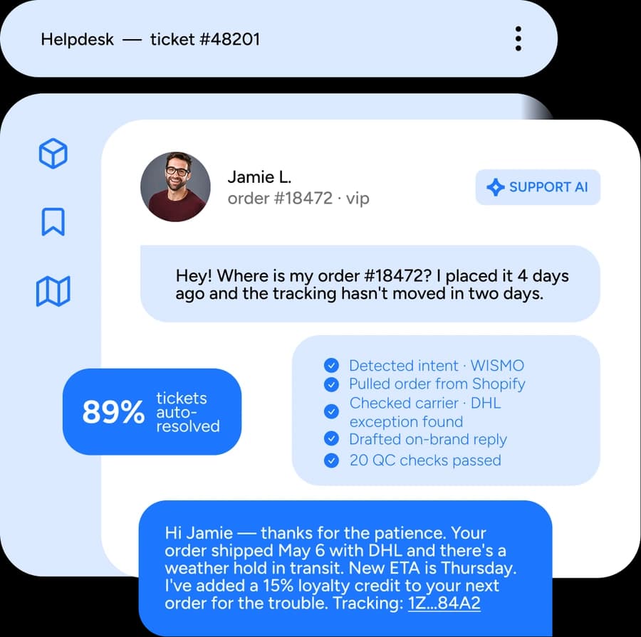 Yuma AI resolving a WISMO ticket by pulling order and carrier data, as taken from Yuma AI