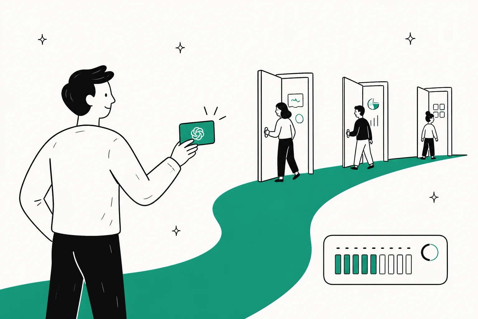 Hand-drawn illustration of a person holding a green ChatGPT key card in front of a row of open doors, with a weekly usage meter in the corner