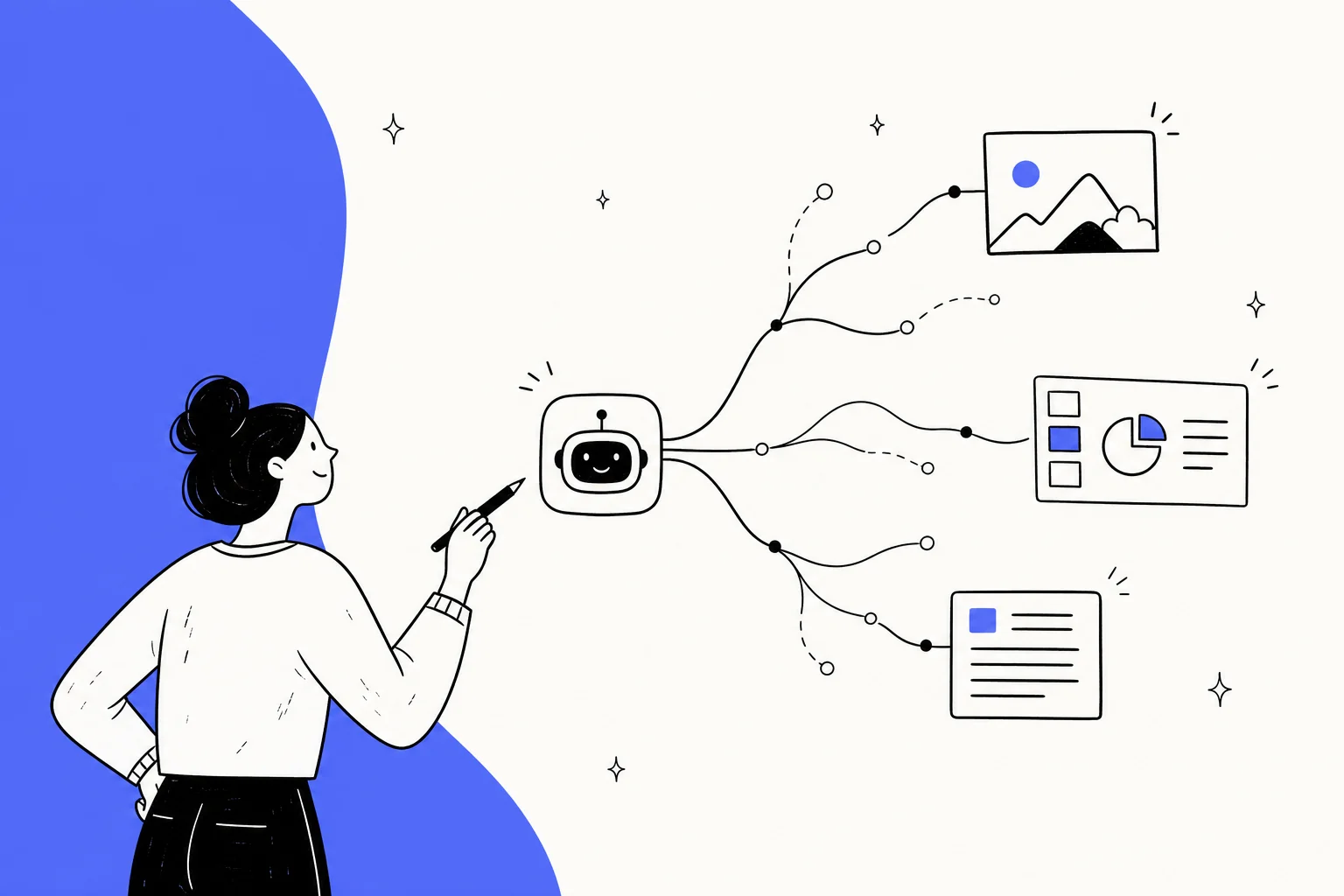 Illustration of a branching AI canvas generating images, slides and text