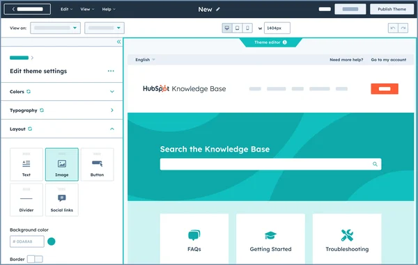 HubSpot knowledge base theme editor with colors, typography, and layout panels beside a live preview, as taken from HubSpot