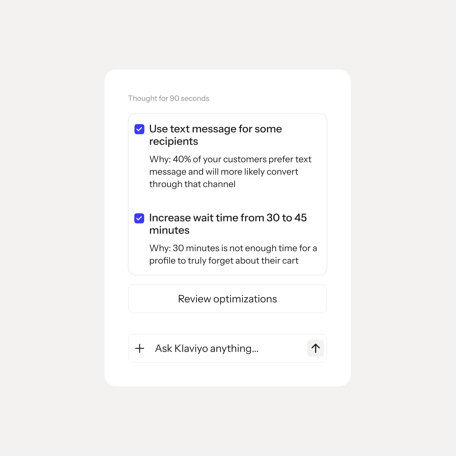 Klaviyo AI suggesting marketing optimizations such as using text message for some recipients, as taken from Klaviyo's AI page