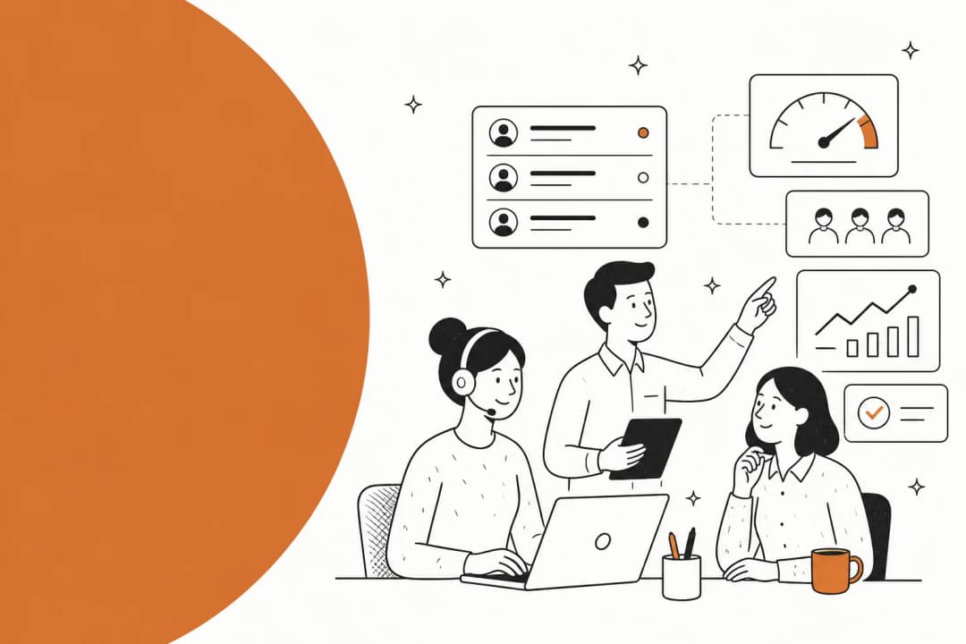 Illustration of a support team reviewing a ticket queue, staffing dashboard and performance charts