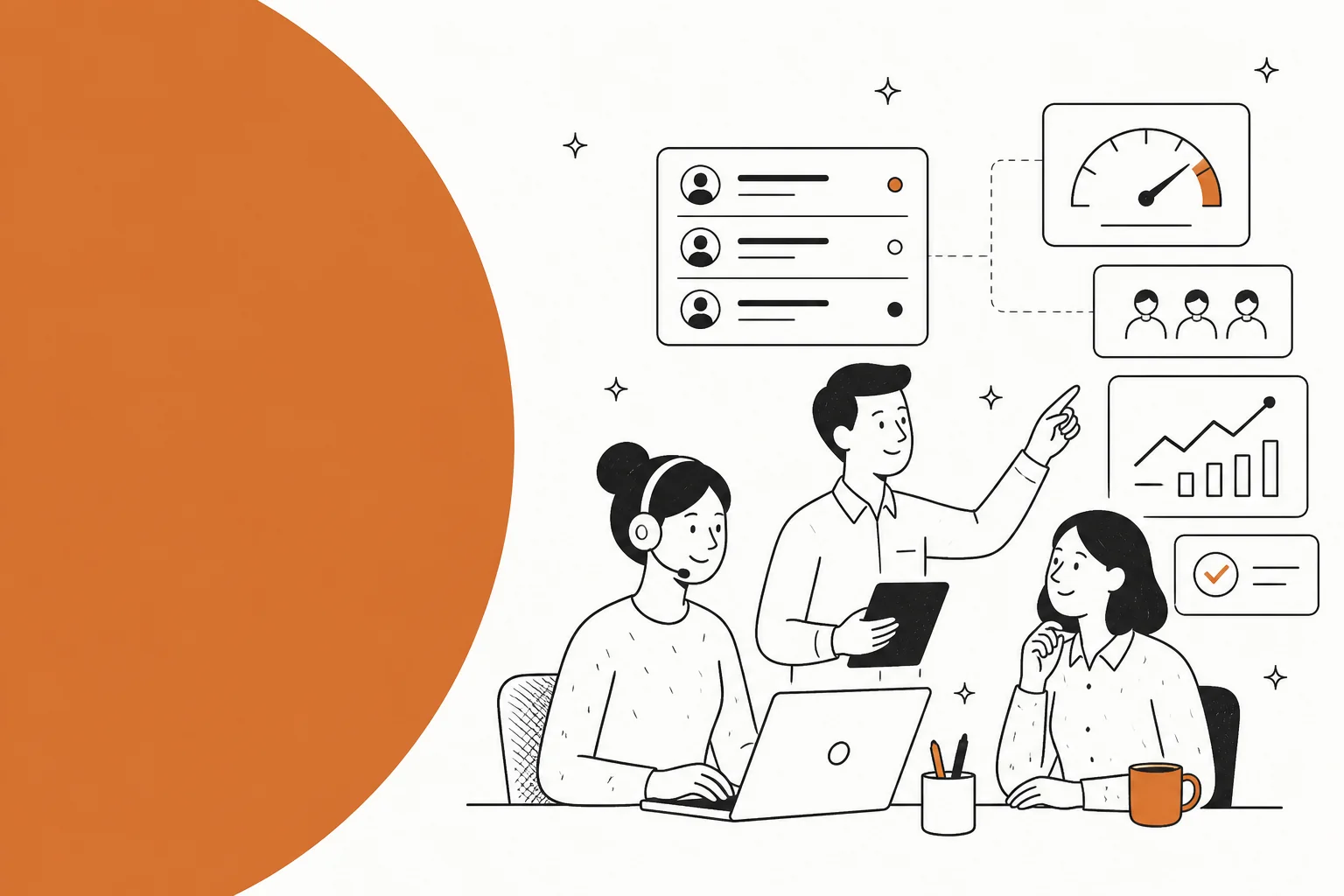 Illustration of a support team reviewing a ticket queue, staffing dashboard and performance charts