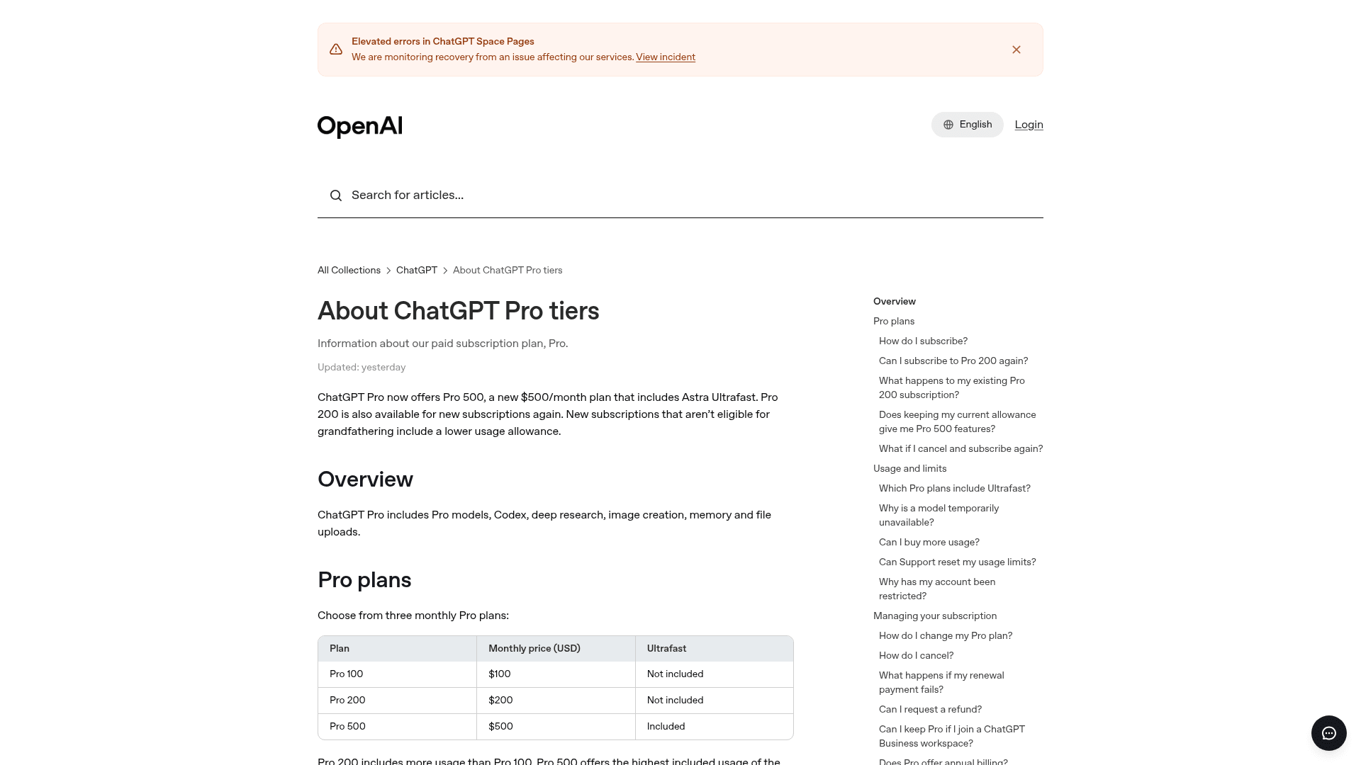 OpenAI help center article titled About ChatGPT Pro tiers with a table listing Pro 100 at $100, Pro 200 at $200, and Pro 500 at $500, where only Pro 500 includes Ultrafast, as taken from OpenAI Help Center