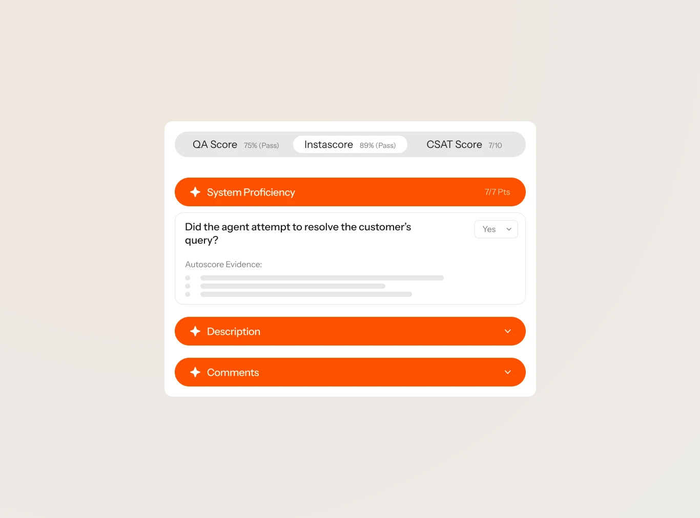 Level AI QA scoring card showing QA Score 75% Pass, Instascore 89% Pass and CSAT 7/10, with autoscore evidence for whether the agent attempted to resolve the query, as shown on Level AI's QA page