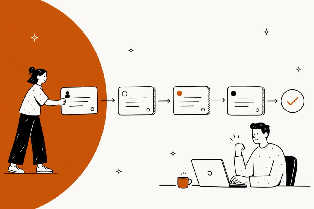Illustration of a support request moving through ticket statuses to a resolved checkmark