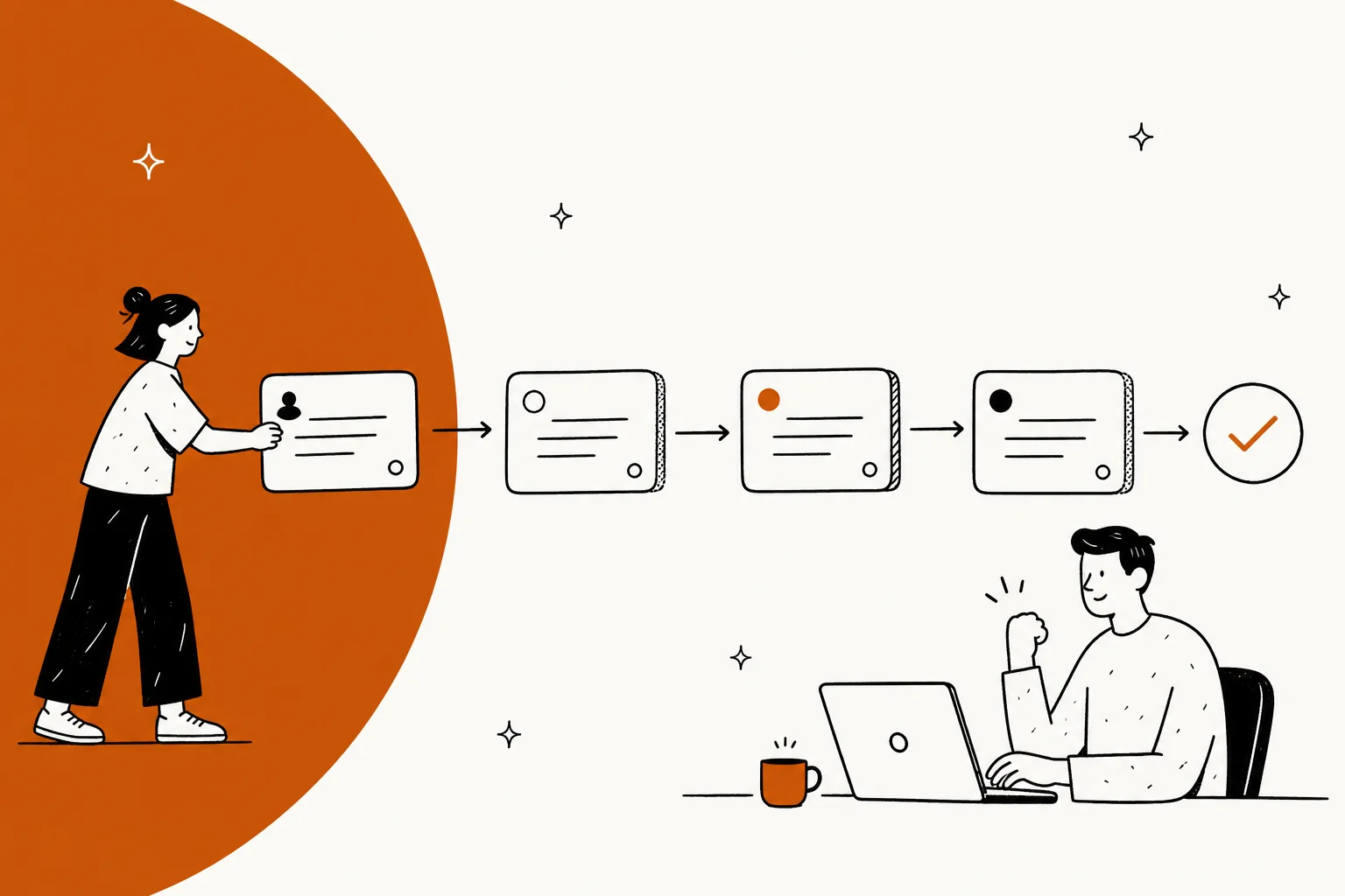 Illustration of a support request moving through ticket statuses to a resolved checkmark