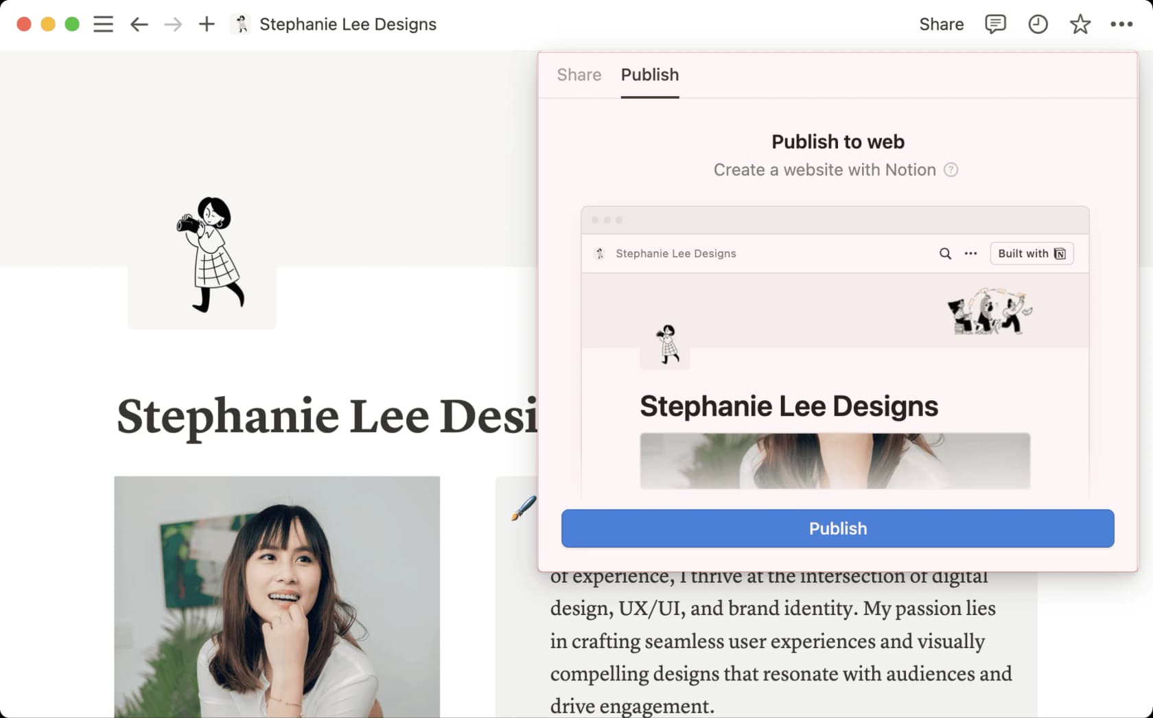 Notion's Share panel switched to the Publish tab, showing a site preview and a blue Publish button, as taken from Notion
