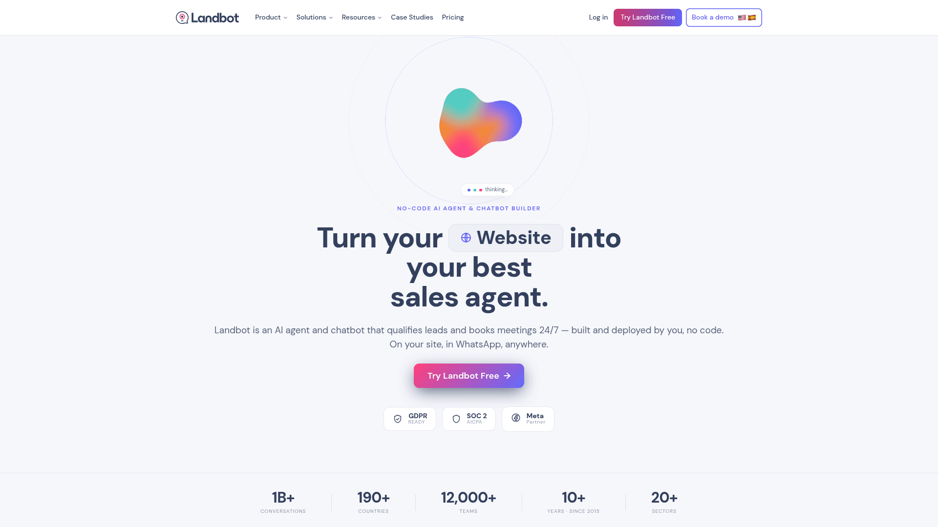 Landbot homepage hero reading "Turn your Website into your best sales agent" with GDPR, SOC 2 and Meta Partner badges, as captured from Landbot