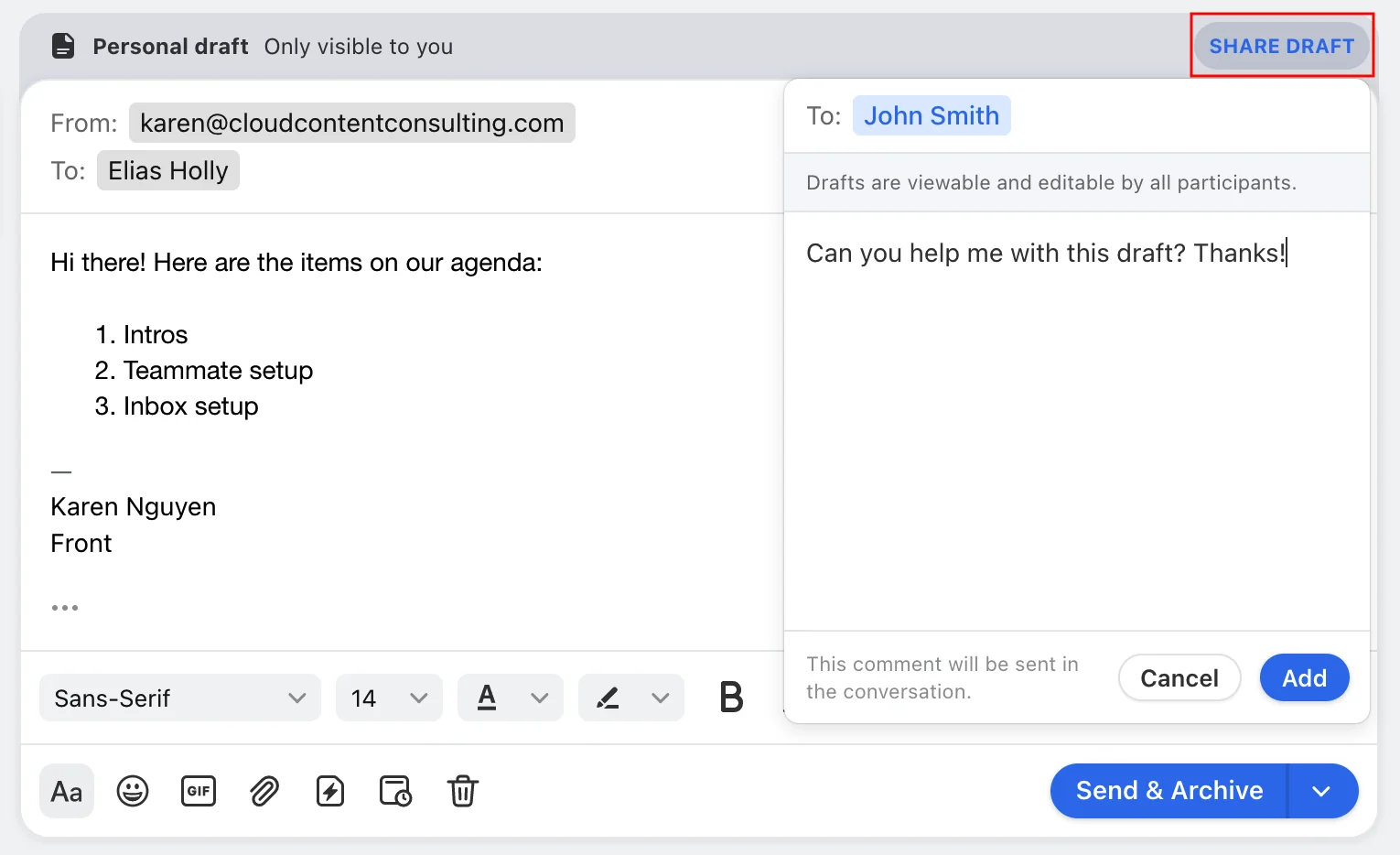 Front personal draft with the Share draft panel open, where the agent picks a teammate and adds a comment asking for help with the draft, as taken from Front