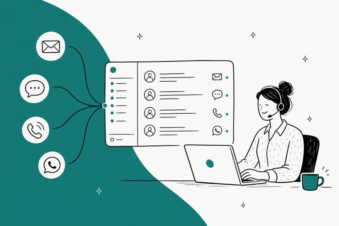 Illustrated banner showing email, chat, voice and messaging channels converging into one unified support inbox