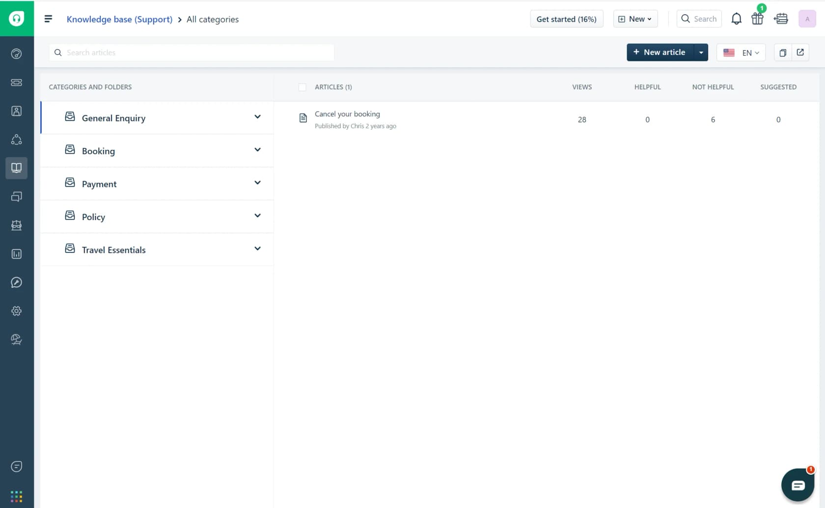 The Freshdesk two-pane knowledge base view showing Views, Helpful, Not Helpful and Suggested columns per article, as taken from Freshdesk docs