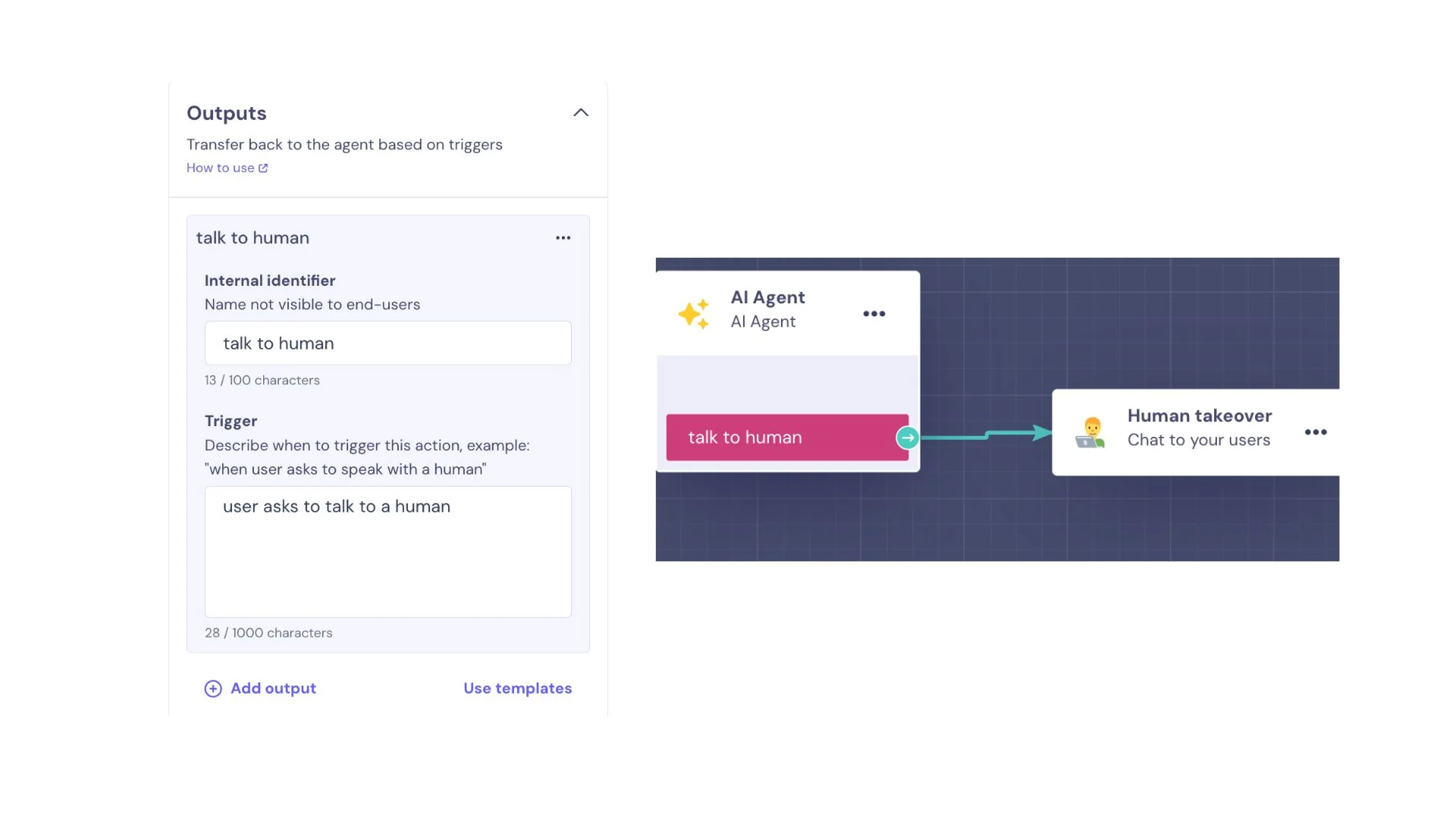 Landbot Outputs panel defining a "talk to human" trigger wired from the AI Agent block to a Human takeover block, from Landbot's help center
