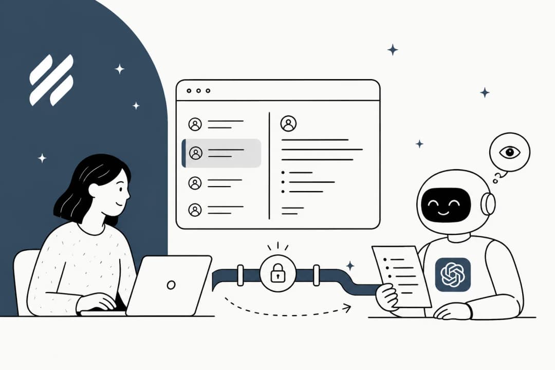 Illustration of a support agent at a Help Scout inbox connected to ChatGPT through a locked one-way pipe.