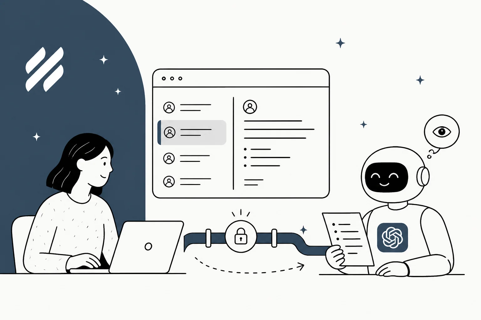 Illustration of a support agent at a Help Scout inbox connected to ChatGPT through a locked one-way pipe.