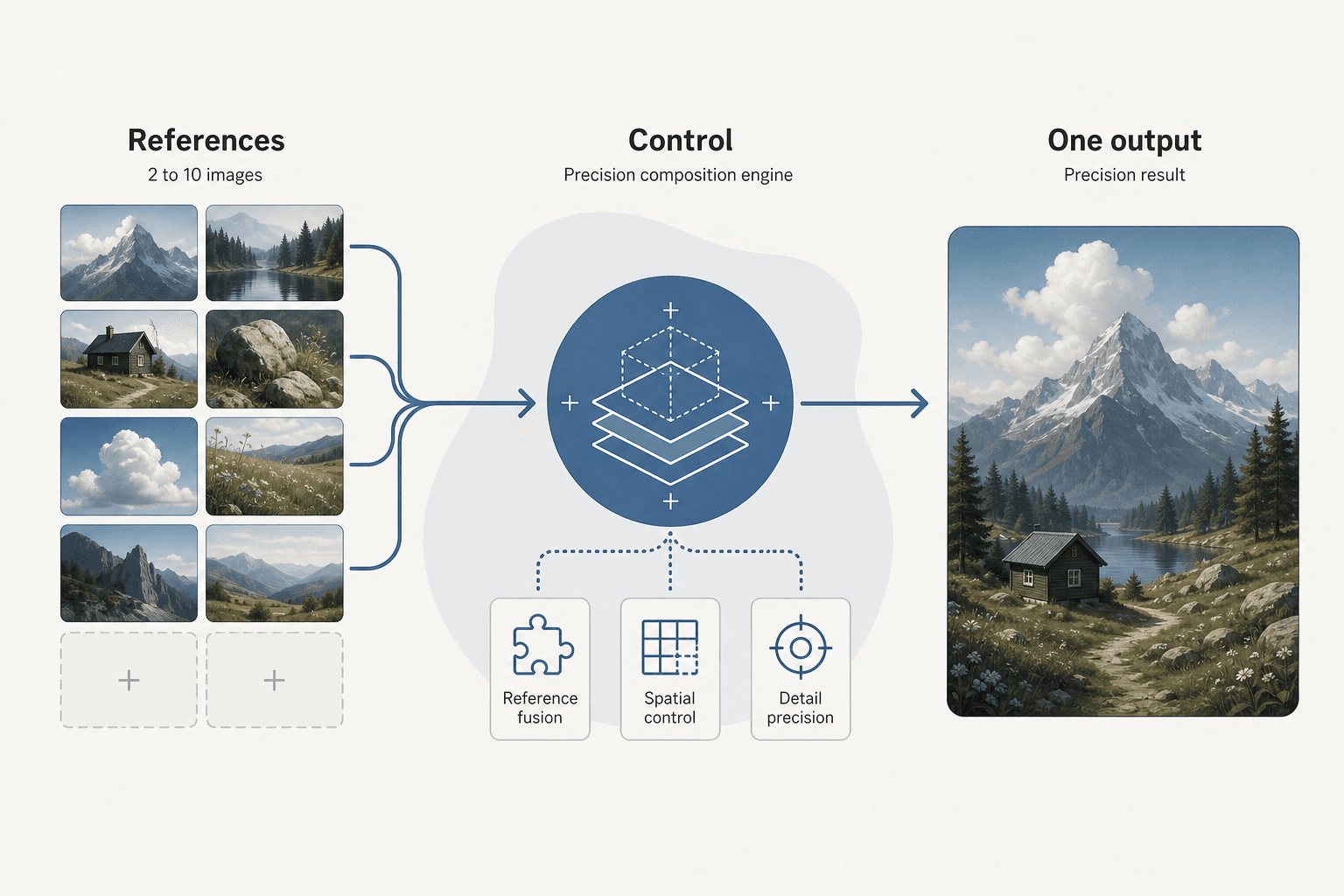 Editorial diagram showing reference images flowing into one controlled Seedream output