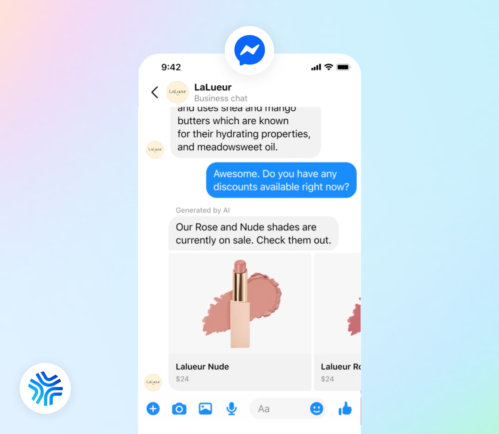 Meta Business Agent replying to a shopper in Messenger with product cards and a sale price, as shown in Meta's launch