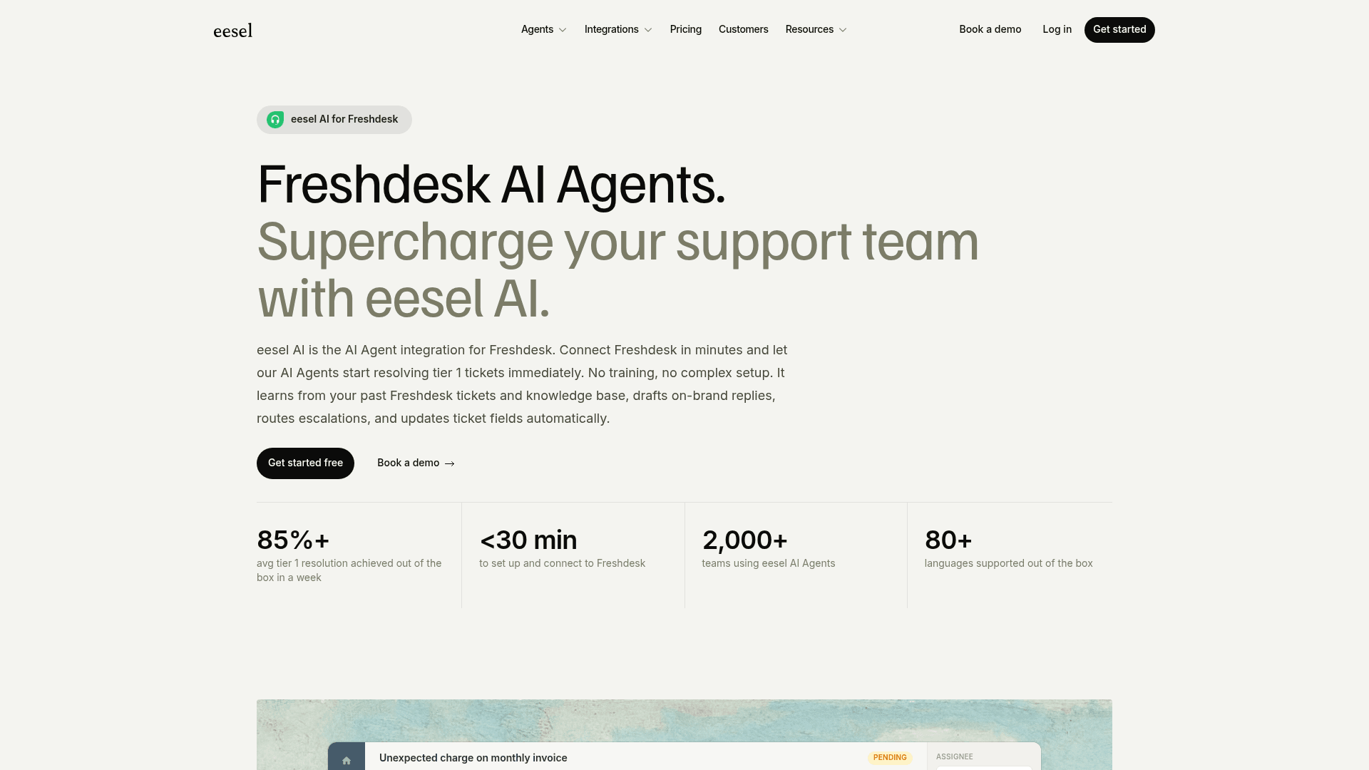 eesel's Freshdesk integration page, "Freshdesk AI Agents", listing under 30 minutes to set up and 80+ languages, as taken from eesel