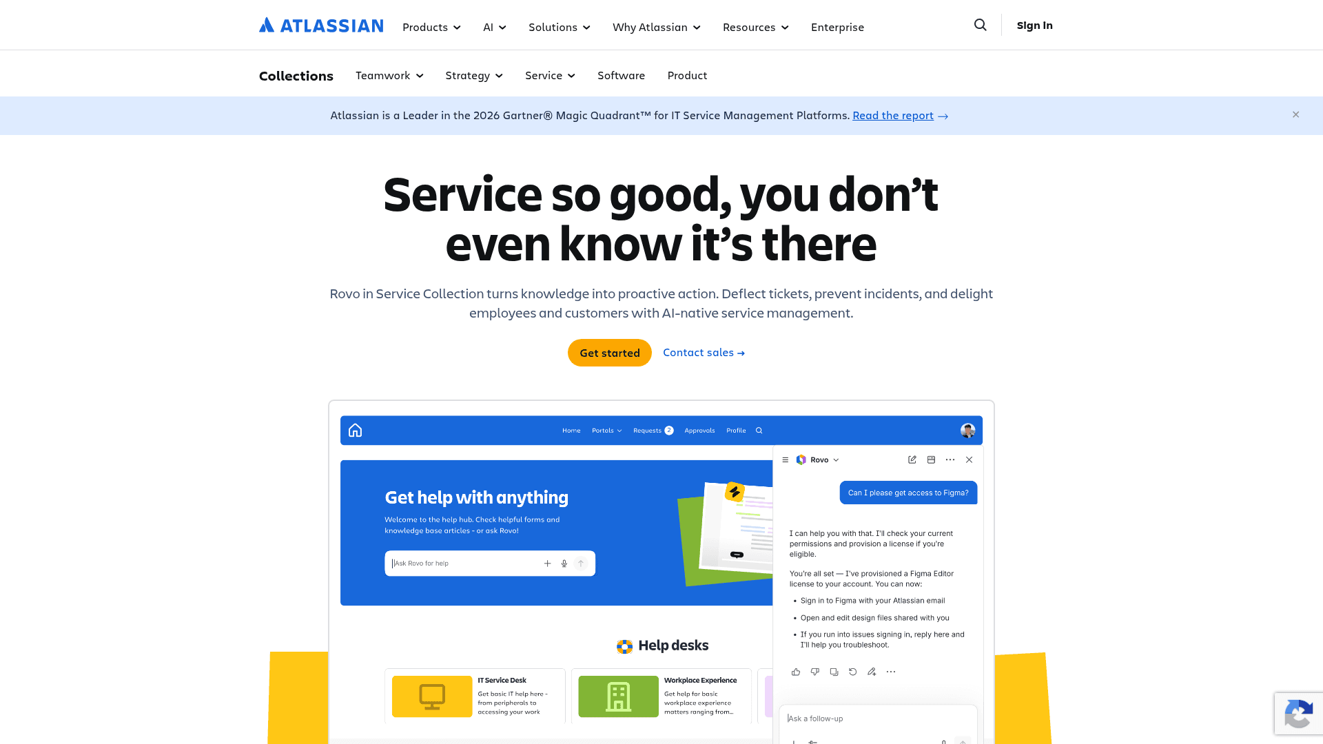Atlassian's Service Collection AI page showing a Rovo-powered help portal with a chat panel granting Figma access