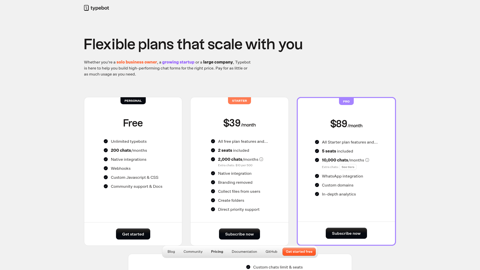 Typebot pricing page showing a Free plan with 200 chats a month, Starter at $39 a month with 2 seats and 2,000 chats plus extra chats at $10 per 500, and Pro at $89 a month with 5 seats, 10,000 chats and WhatsApp, captured from Typebot