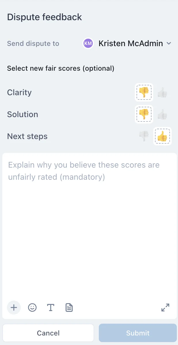 Zendesk QA dispute form with a recipient picker, optional new scores for Clarity, Solution and Next steps, and a mandatory explanation box, as taken from Zendesk's help center