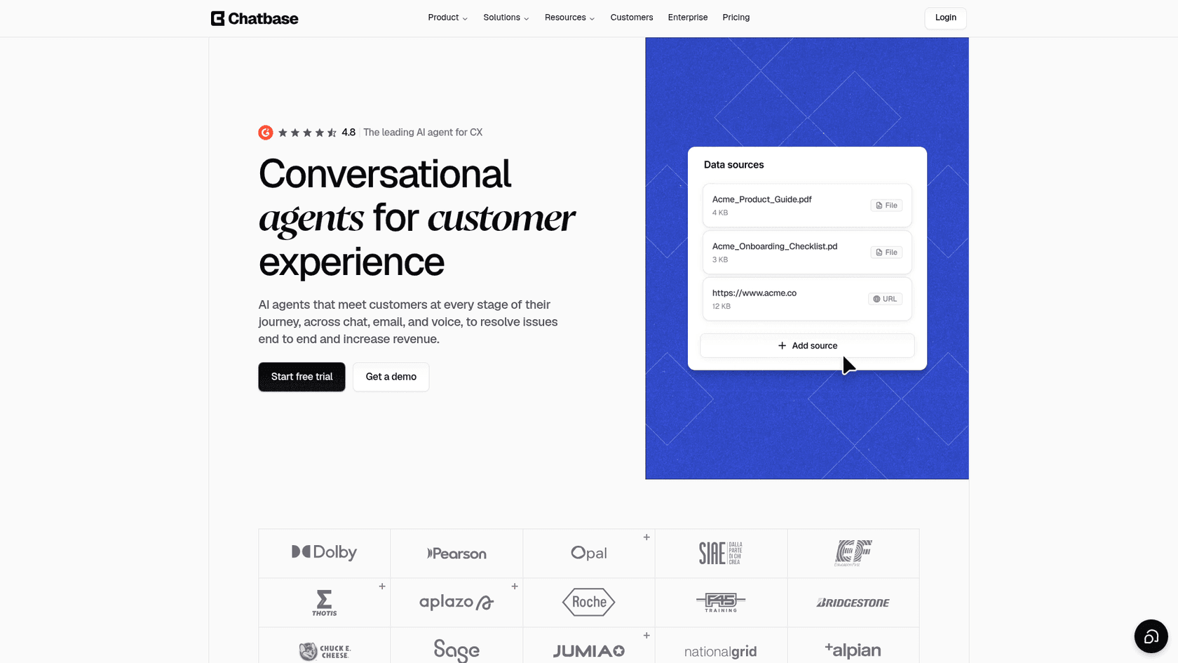 Chatbase homepage with "Conversational agents for customer experience" headline, as taken from Chatbase