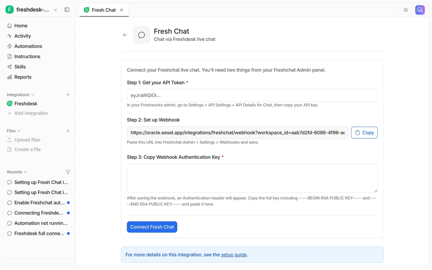eesel's Freshchat setup form with API token, webhook URL and authentication key fields, as taken from the eesel docs