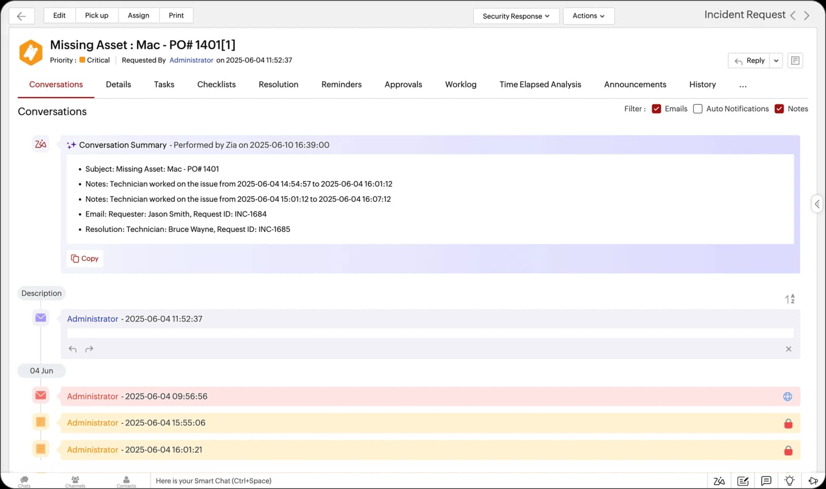 A ServiceDesk Plus incident request marked Critical, with a Zia-generated conversation summary above the email timeline, as taken from ManageEngine
