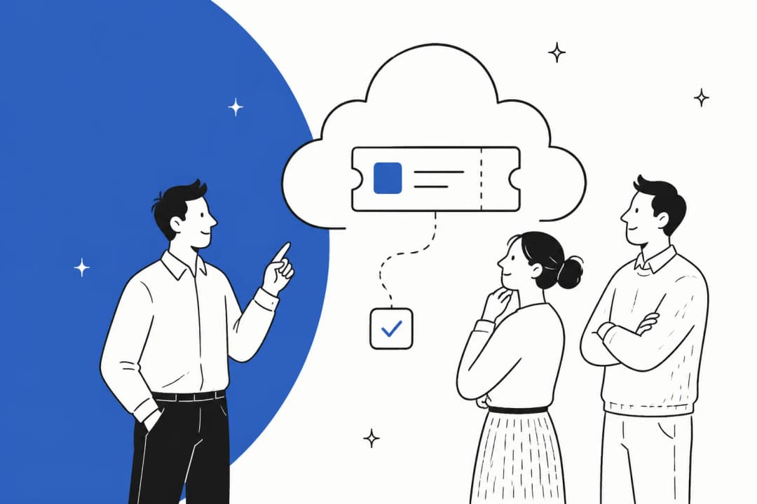 Illustration of a cloud-based ticketing system with a ticket queue, a billing meter and a contract clause