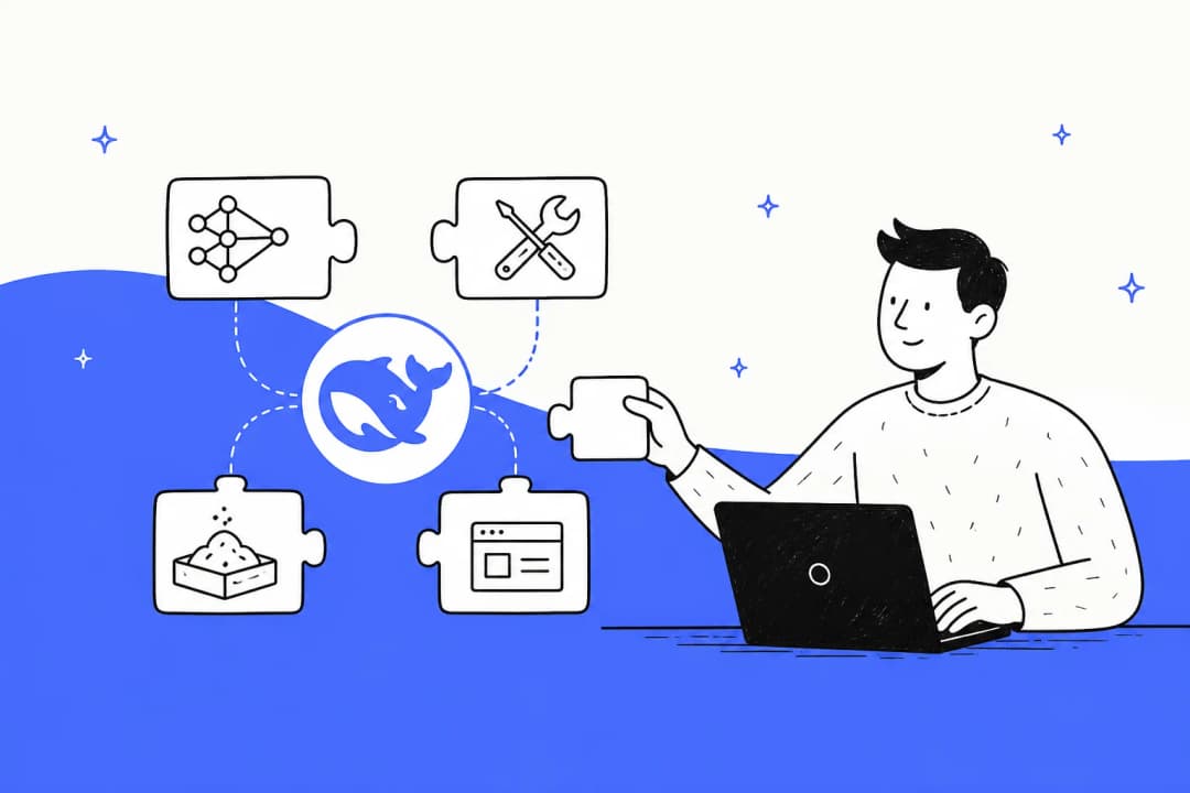 Hand-drawn banner of a developer at a laptop snapping puzzle-piece plugins for model, tools, sandbox and interface around the DeepSeek whale logo