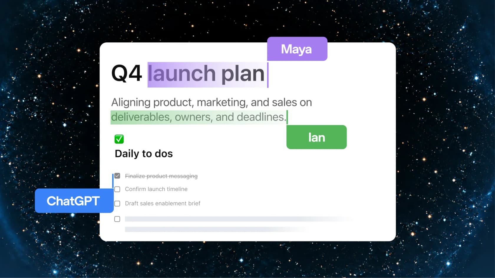 A Q4 launch plan page with teammates Maya and Ian and ChatGPT editing at the same time, as taken from the OpenAI DevDay 2026 recap