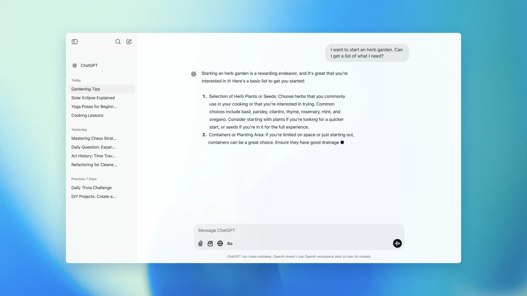 The ChatGPT interface answering a question about starting an herb garden, with a chat history sidebar, as taken from OpenAI
