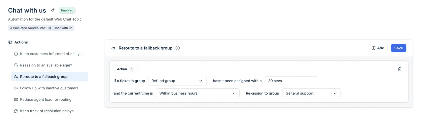 Freshdesk Quick Automation editor with the Reroute to a fallback group action selected for a Refund group, as taken from the Freshdesk help center