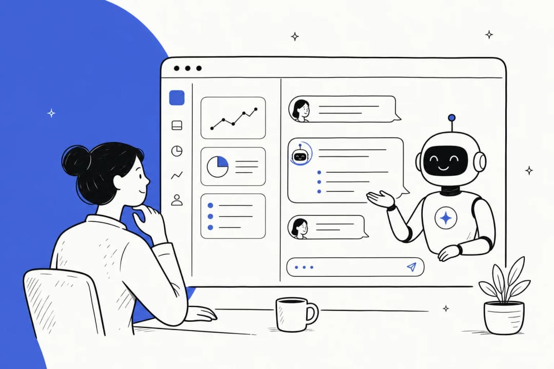 Illustration of an AI chatbot handling SaaS customer support questions inside a software dashboard