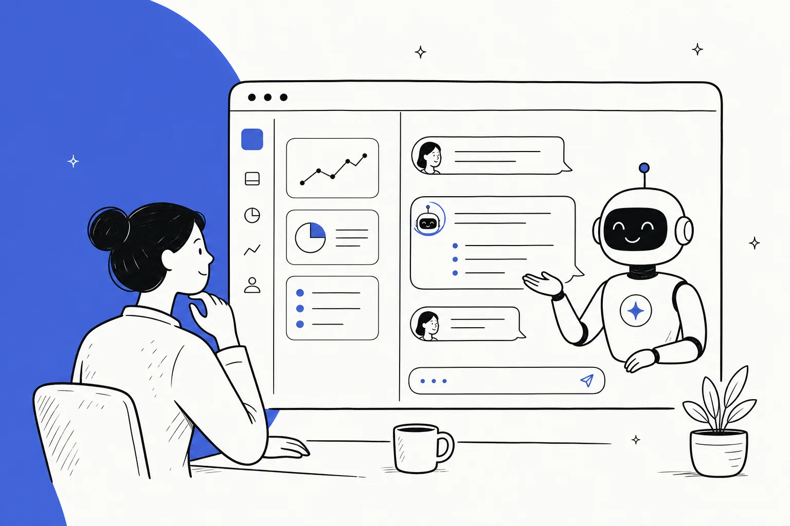 Illustration of an AI chatbot handling SaaS customer support questions inside a software dashboard