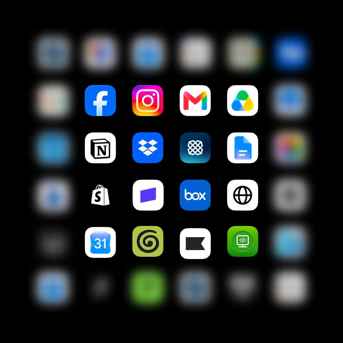 A grid of business apps that connect to Muse, including Facebook, Instagram, Gmail, Notion, Dropbox, Shopify, Box and QuickBooks, as taken from Meta