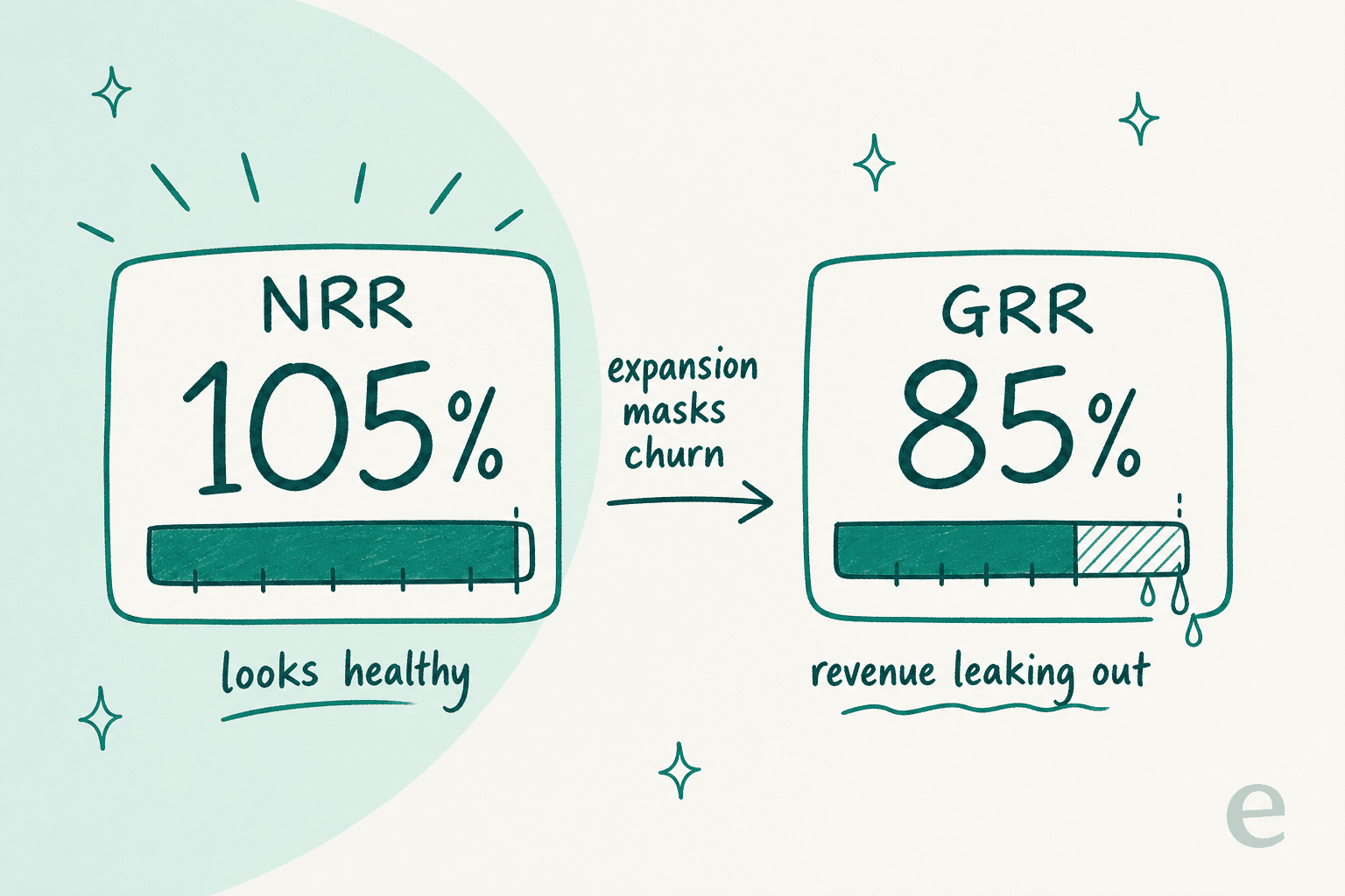 NRR of 105% looks healthy while GRR of 85% shows revenue leaking out, because expansion masks churn