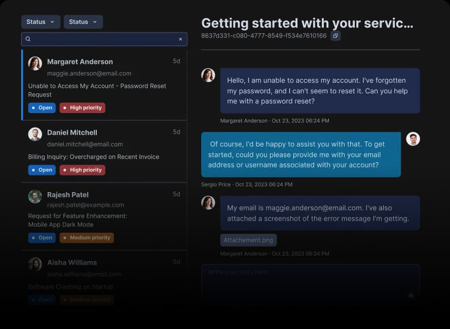 Aidbase's AI-assisted ticketing inbox with a live conversation thread, as taken from Aidbase