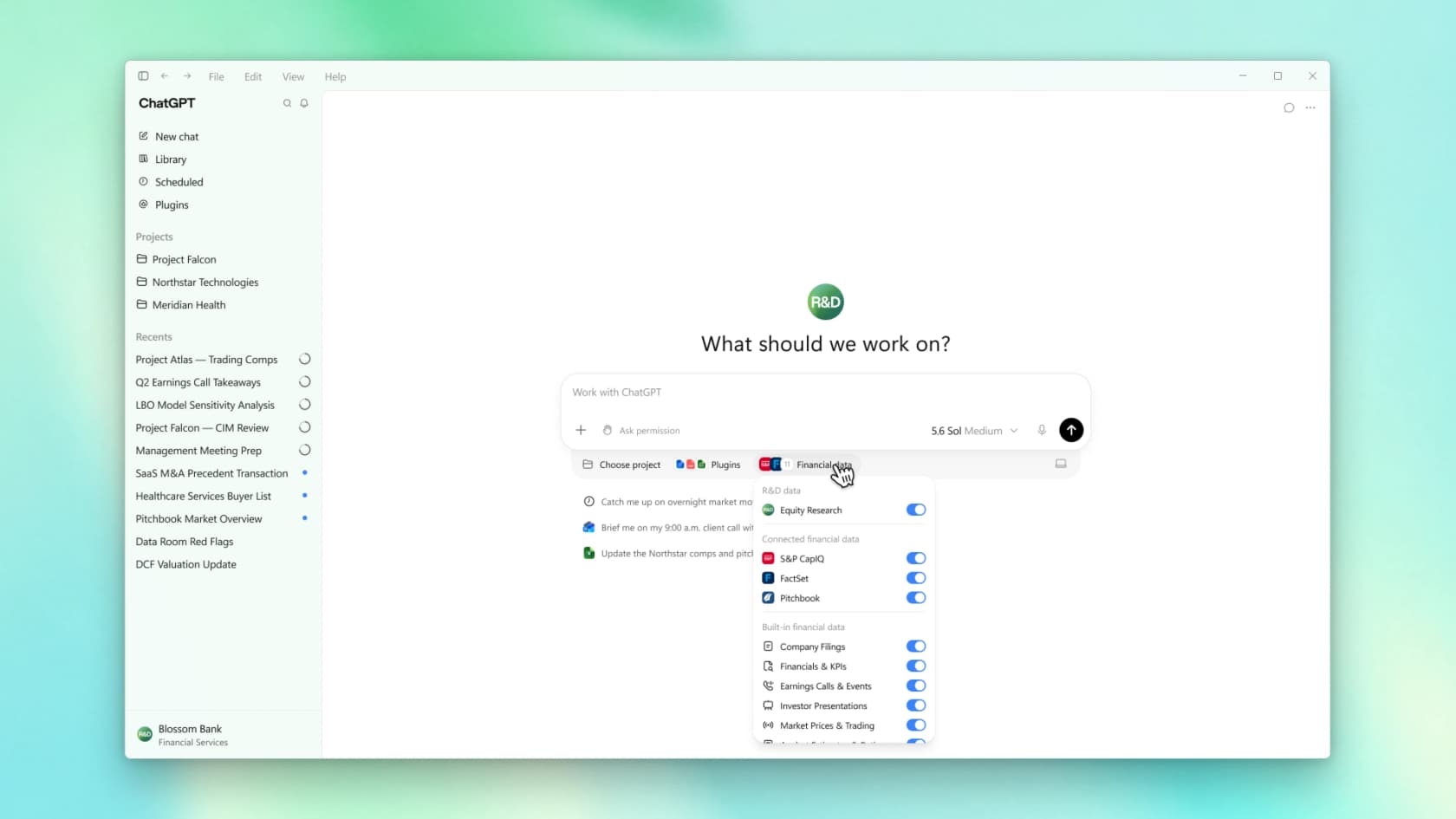 The source picker in ChatGPT for Financial Services, showing connected and built-in financial data sources, as taken from OpenAI