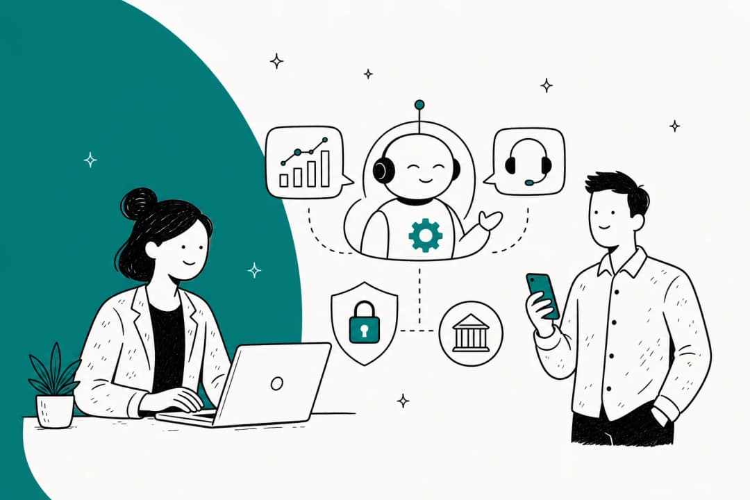 Illustration of a secure fintech customer support automation workflow in teal on a warm off-white background