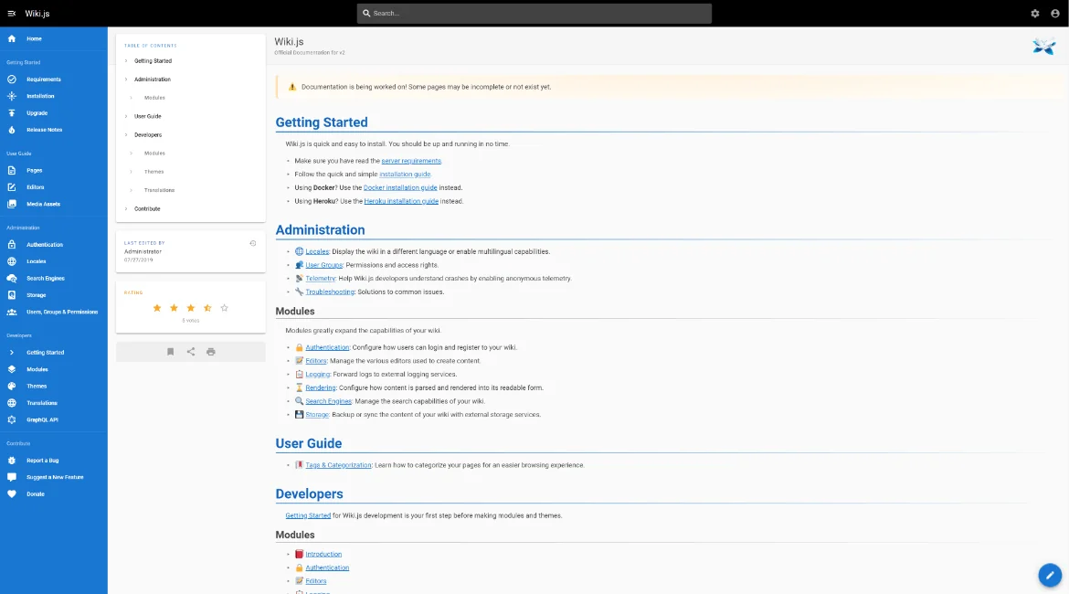 Wiki.js documentation page with a left navigation rail of modules, a table of contents panel and a page rating widget, as taken from Wiki.js