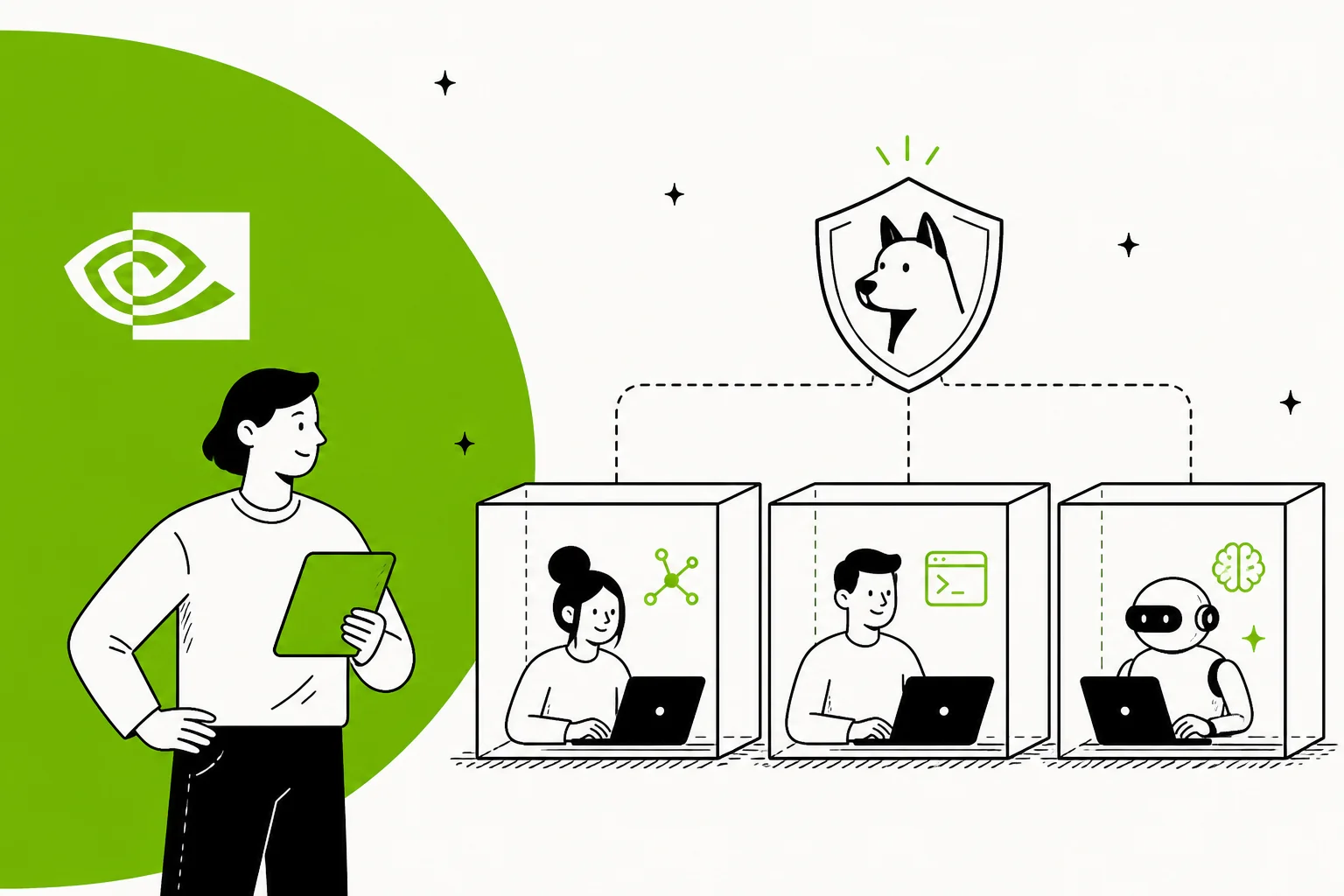 Illustrated hero banner of AI agents working inside separate sandbox boxes while a shield-shaped watchdog monitors them from outside, for a post on the NVIDIA Open Agent Safety Platform